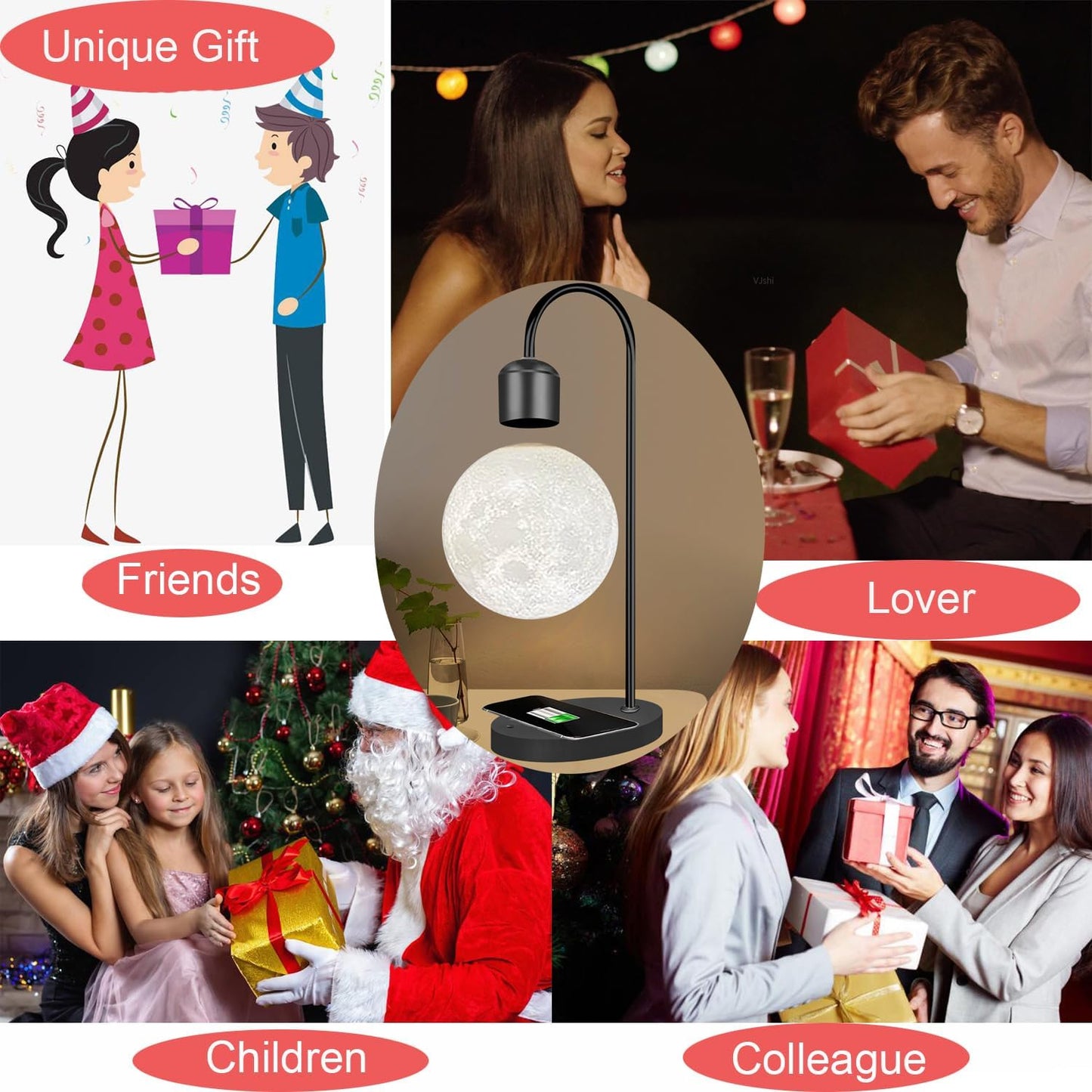 Magnetic Levitating Moon Lamp Levitation Plastic Black Table LED Night Light Zero-Gravity Floating Desk Toys for Decoration Gifts Present with Phone Wireless Charging Pad