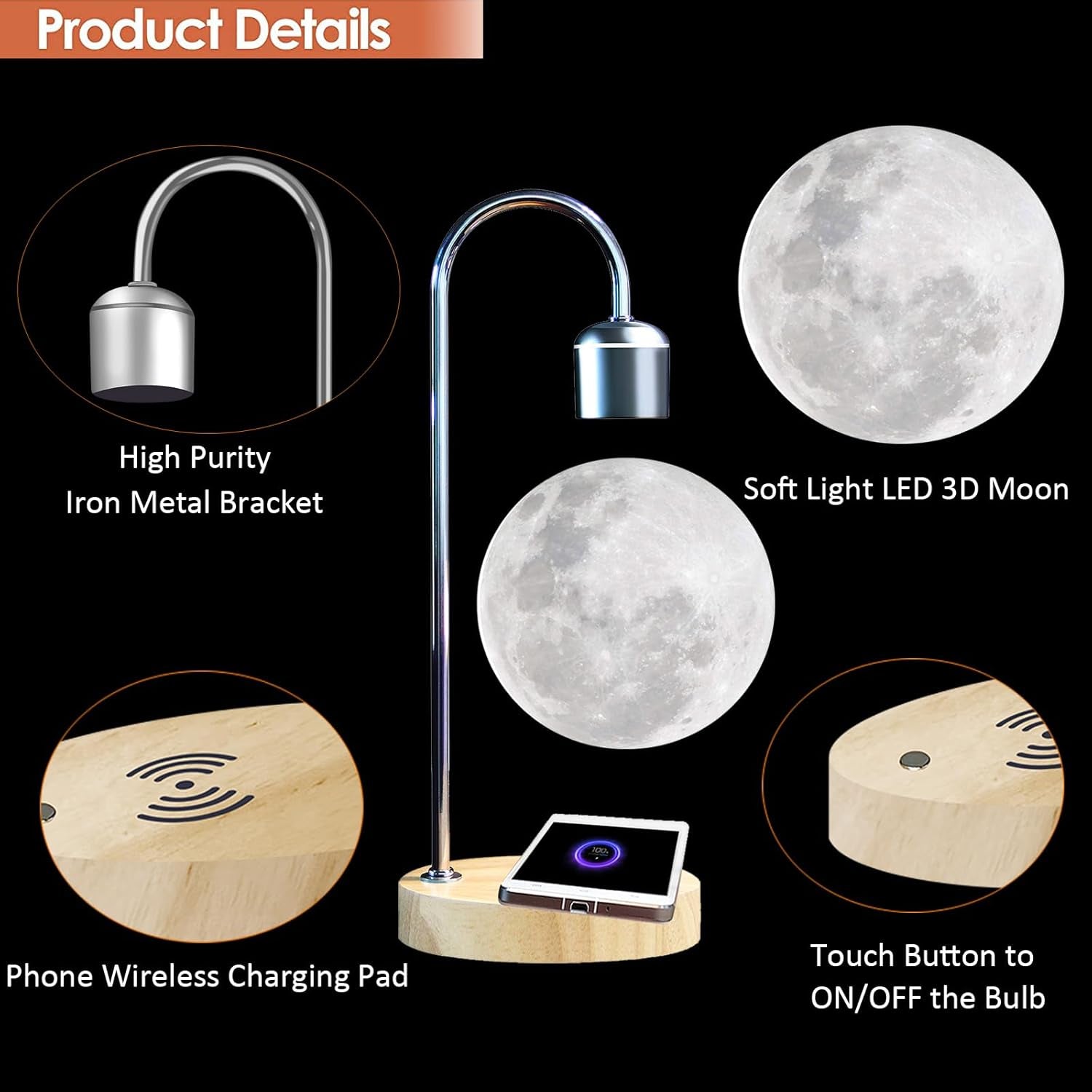 Magnetic Levitating Moon Lamp with 10W Wireless Phone Charger with Changeable 3 Colors 3D Moon Touch Control Levitation Mood Night Light for Christmas Gift Wedding Home Office Decoration