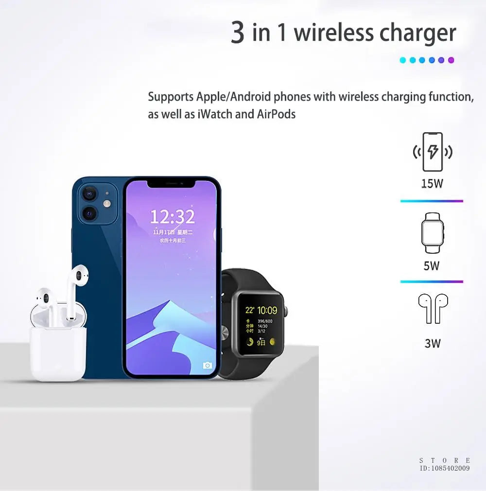 3-in-1 Wireless Charging Station - 15W Fast Charger for iPhone 15/14/13/12, Apple Watch, and AirPods