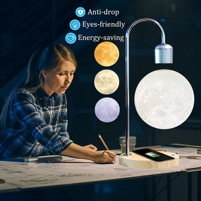 Magnetic Levitating Moon Lamp with 10W Wireless Phone Charger with Changeable 3 Colors 3D Moon Touch Control Levitation Mood Night Light for Christmas Gift Wedding Home Office Decoration