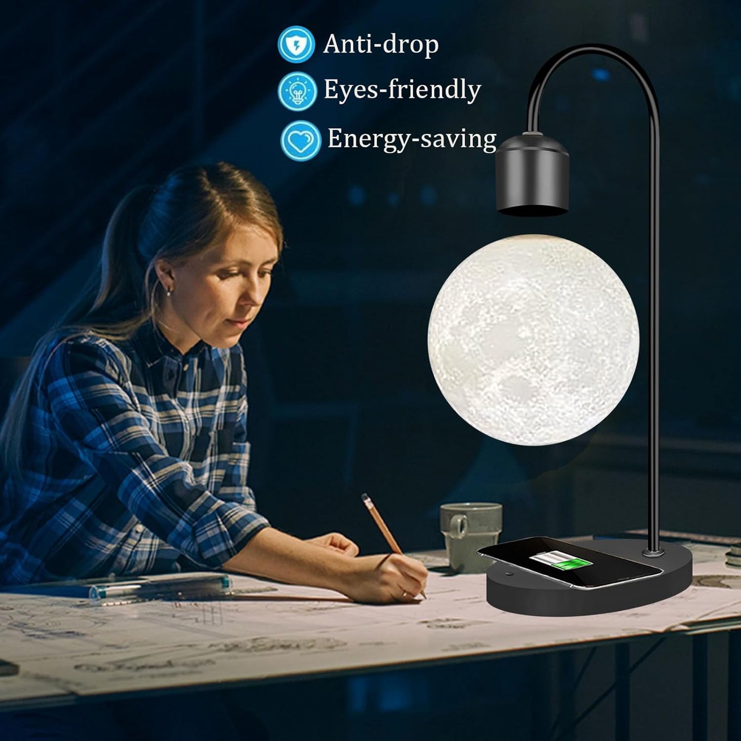 Magnetic Levitating Moon Lamp Levitation Plastic Black Table LED Night Light Zero-Gravity Floating Desk Toys for Decoration Gifts Present with Phone Wireless Charging Pad
