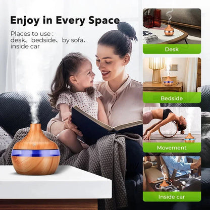 300ML Wood Grain Air Humidifier Essential Oil Fragrance Diffuser Home Ultrasonic Aroma Humidificadores USB Cool Mist Sprayer