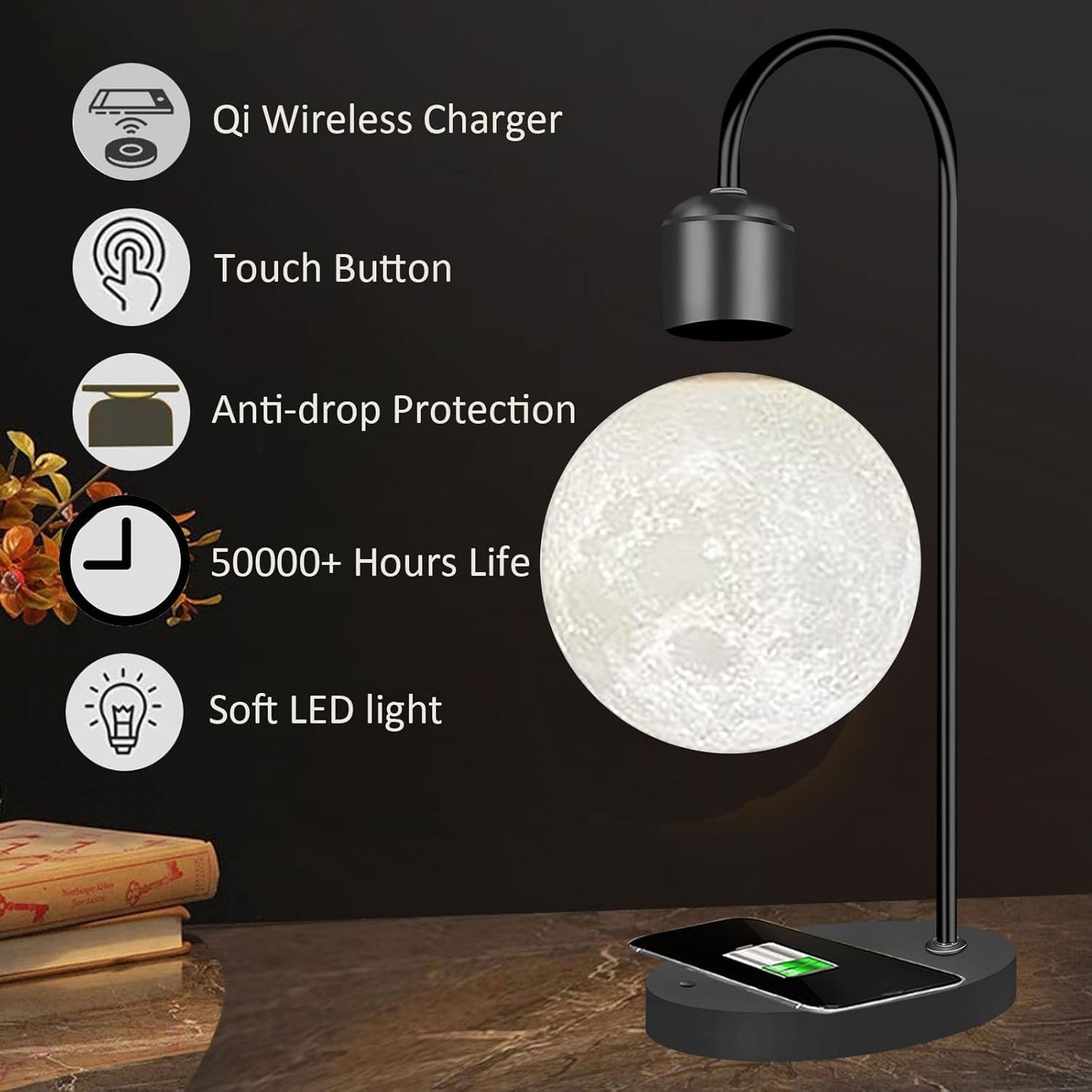 Magnetic Levitating Moon Lamp Levitation Plastic Black Table LED Night Light Zero-Gravity Floating Desk Toys for Decoration Gifts Present with Phone Wireless Charging Pad