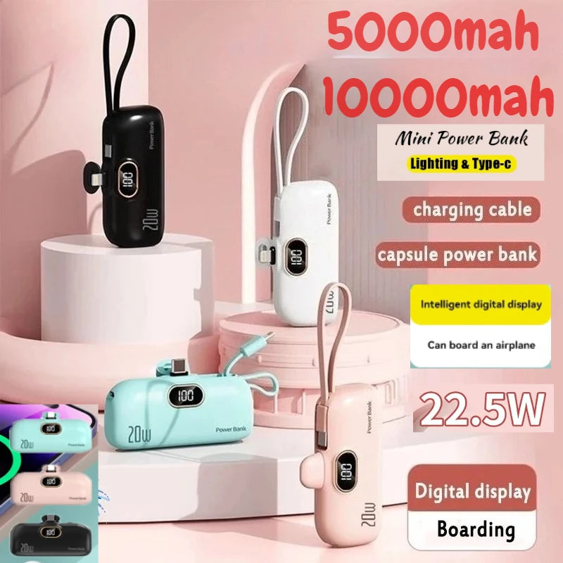 Mini 10000Mah Power Bank Built Cable Portable Mobile Phone Charger External Battery Capsule Powerbank for Type-C Iphone