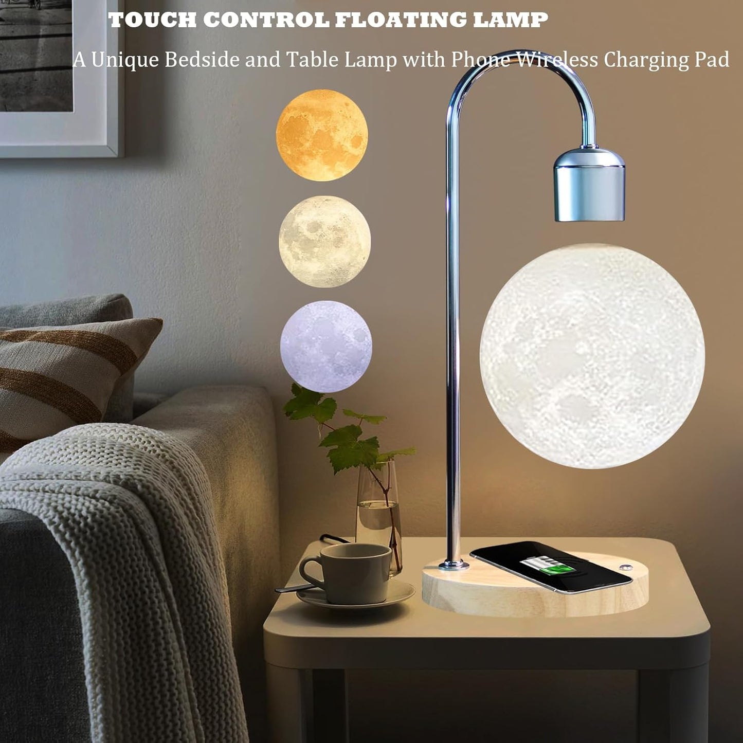 Magnetic Levitating Moon Lamp with 10W Wireless Phone Charger with Changeable 3 Colors 3D Moon Touch Control Levitation Mood Night Light for Christmas Gift Wedding Home Office Decoration