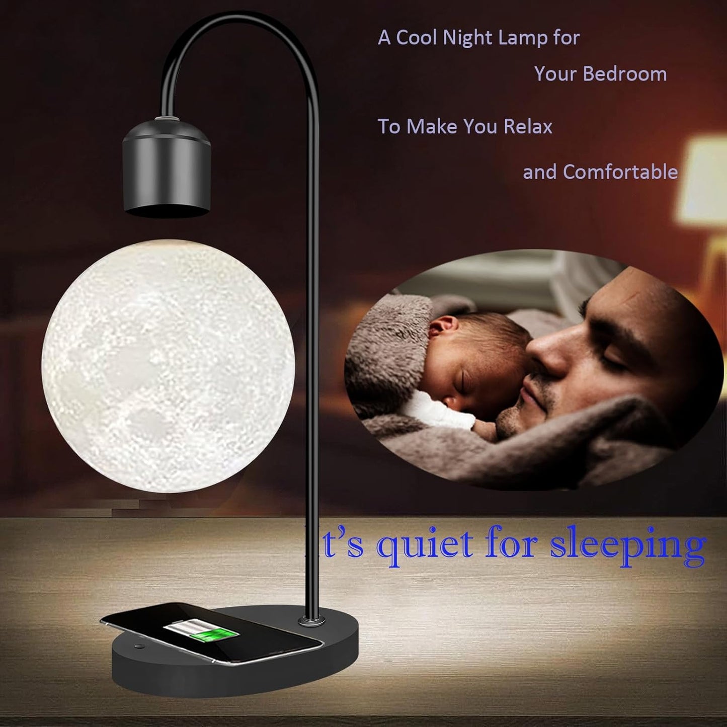 Magnetic Levitating Moon Lamp Levitation Plastic Black Table LED Night Light Zero-Gravity Floating Desk Toys for Decoration Gifts Present with Phone Wireless Charging Pad