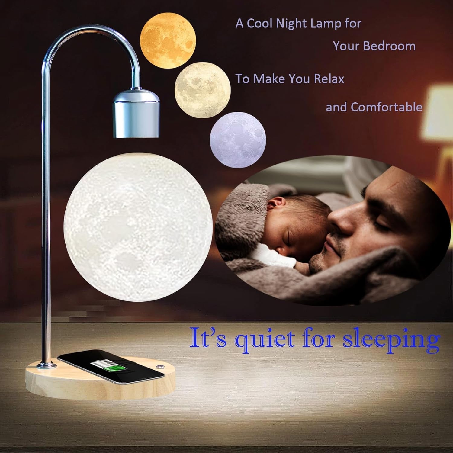 Magnetic Levitating Moon Lamp with 10W Wireless Phone Charger with Changeable 3 Colors 3D Moon Touch Control Levitation Mood Night Light for Christmas Gift Wedding Home Office Decoration