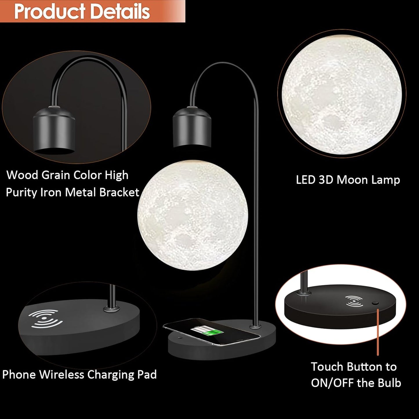 Magnetic Levitating Moon Lamp Levitation Plastic Black Table LED Night Light Zero-Gravity Floating Desk Toys for Decoration Gifts Present with Phone Wireless Charging Pad