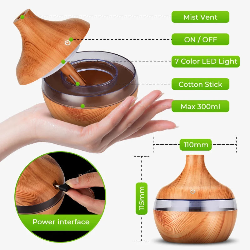 300ML Wood Grain Air Humidifier Essential Oil Fragrance Diffuser Home Ultrasonic Aroma Humidificadores USB Cool Mist Sprayer
