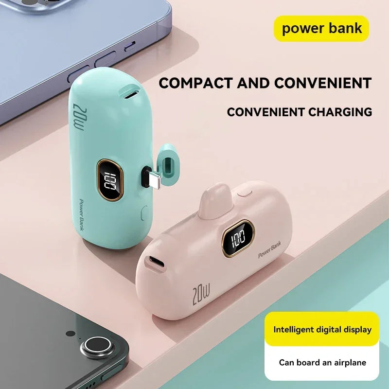 Mini 10000Mah Power Bank Built Cable Portable Mobile Phone Charger External Battery Capsule Powerbank for Type-C Iphone