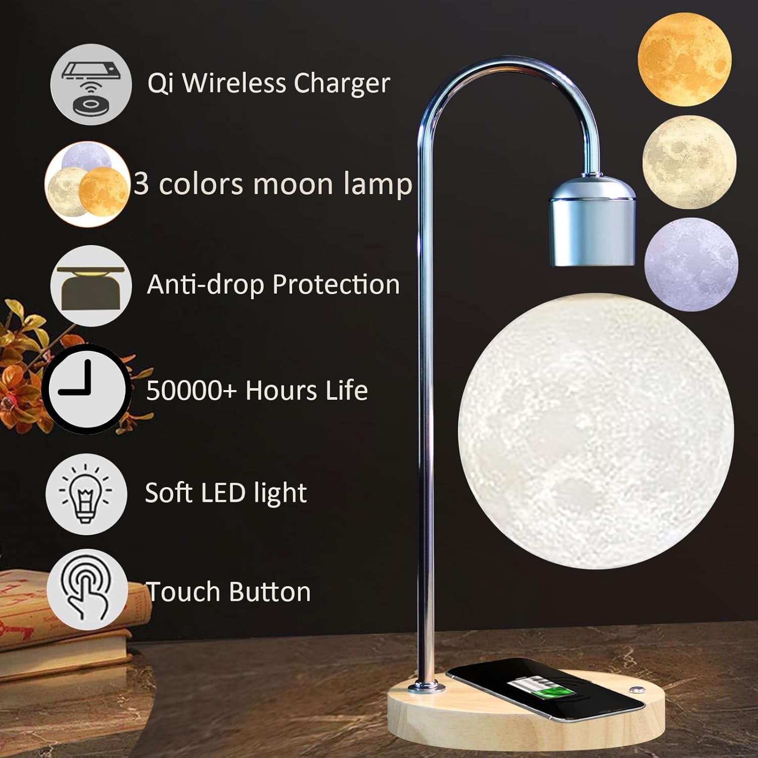 Magnetic Levitating Moon Lamp with 10W Wireless Phone Charger with Changeable 3 Colors 3D Moon Touch Control Levitation Mood Night Light for Christmas Gift Wedding Home Office Decoration