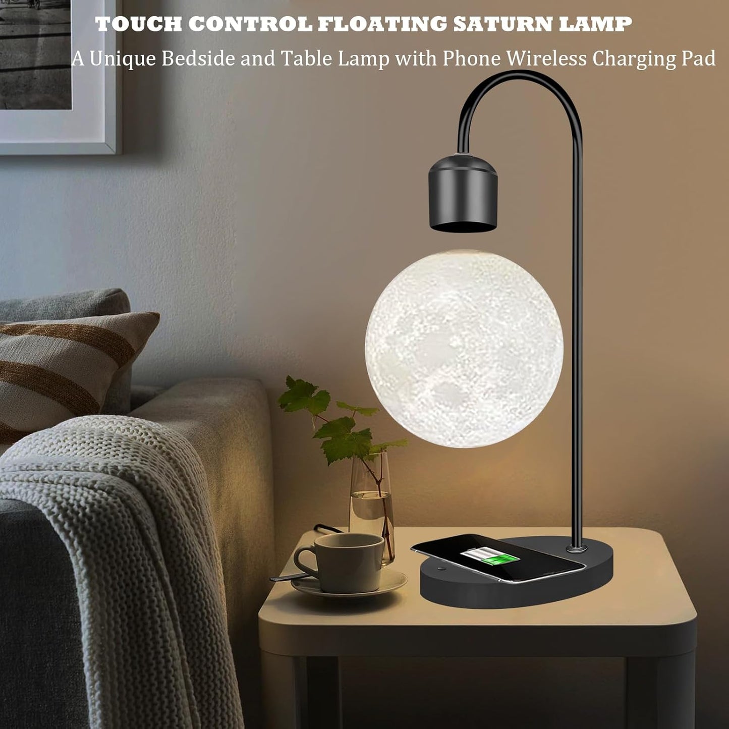 Magnetic Levitating Moon Lamp Levitation Plastic Black Table LED Night Light Zero-Gravity Floating Desk Toys for Decoration Gifts Present with Phone Wireless Charging Pad