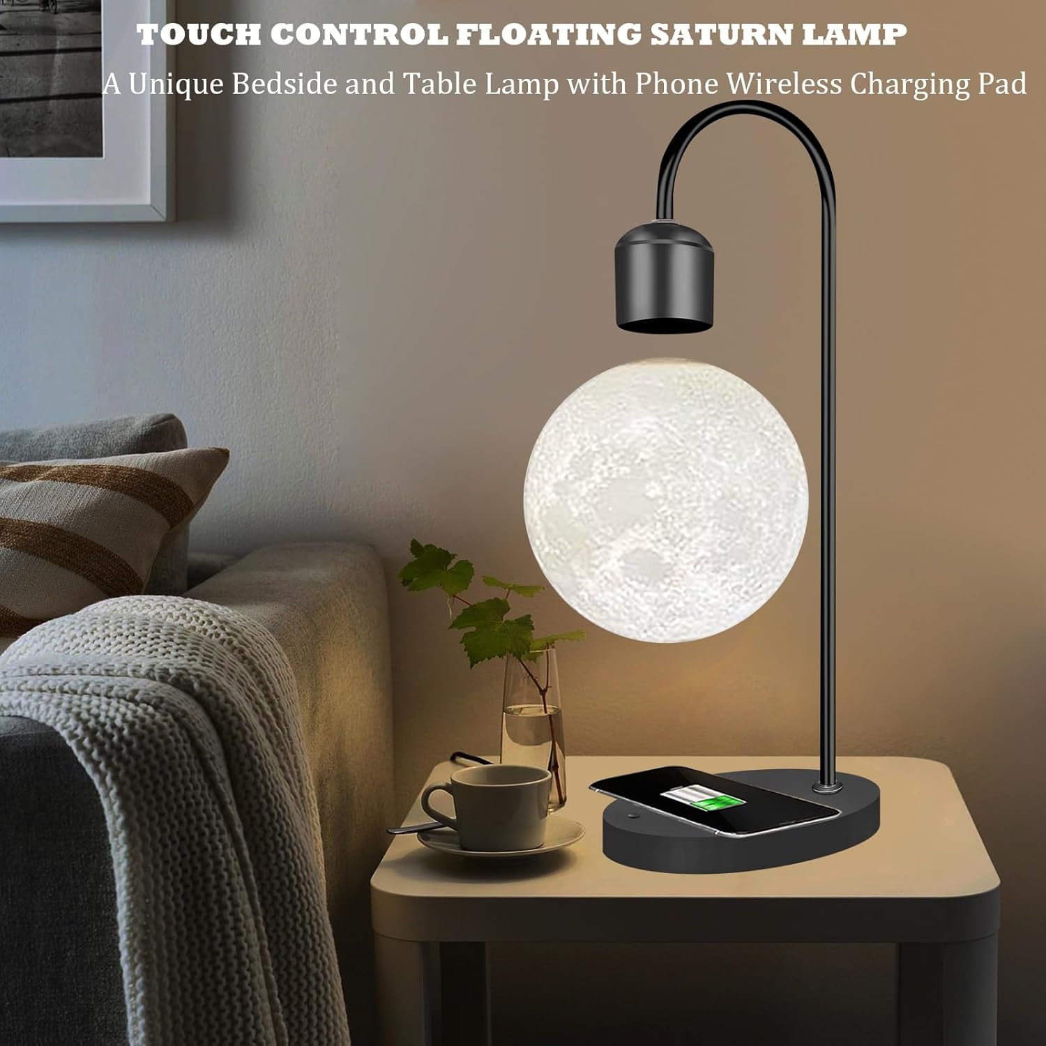 Magnetic Levitating Moon Lamp Levitation Plastic Black Table LED Night Light Zero-Gravity Floating Desk Toys for Decoration Gifts Present with Phone Wireless Charging Pad
